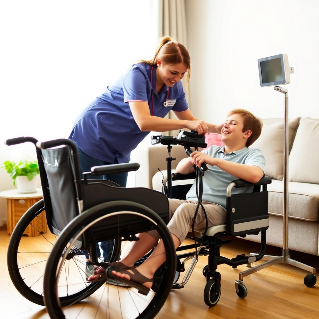 Support worker helping with adaptive equipment at home