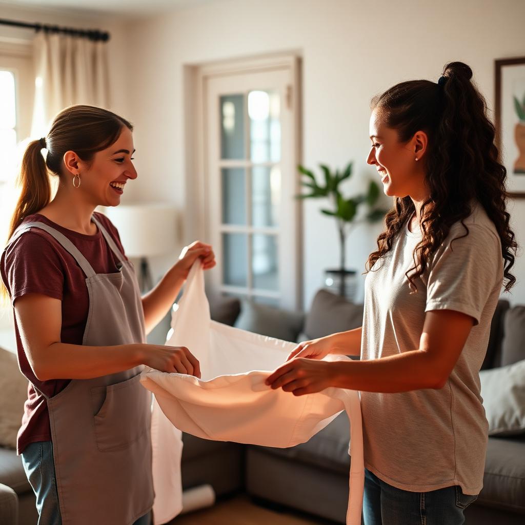 Support worker and participant folding laundry together