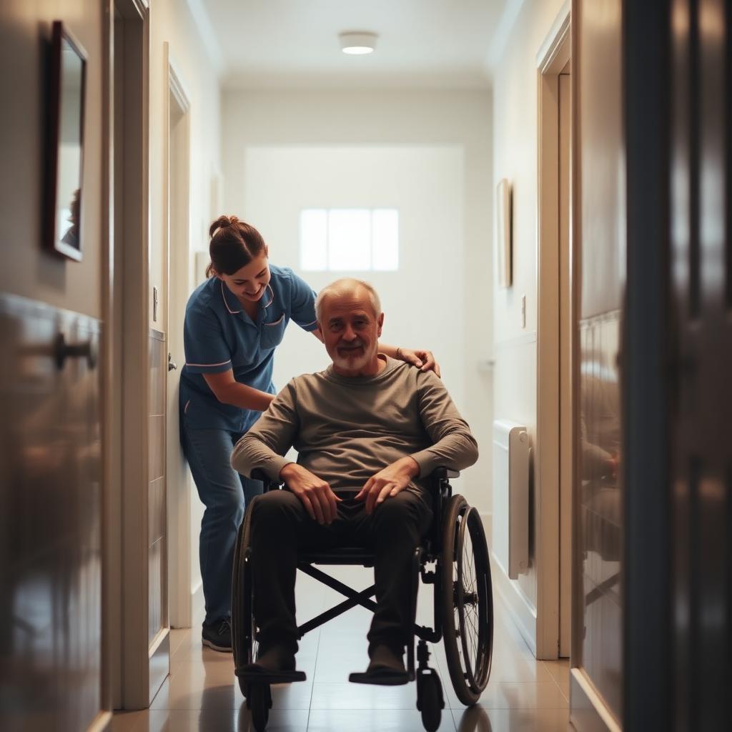 Support worker assisting a man in a wheelchair at home