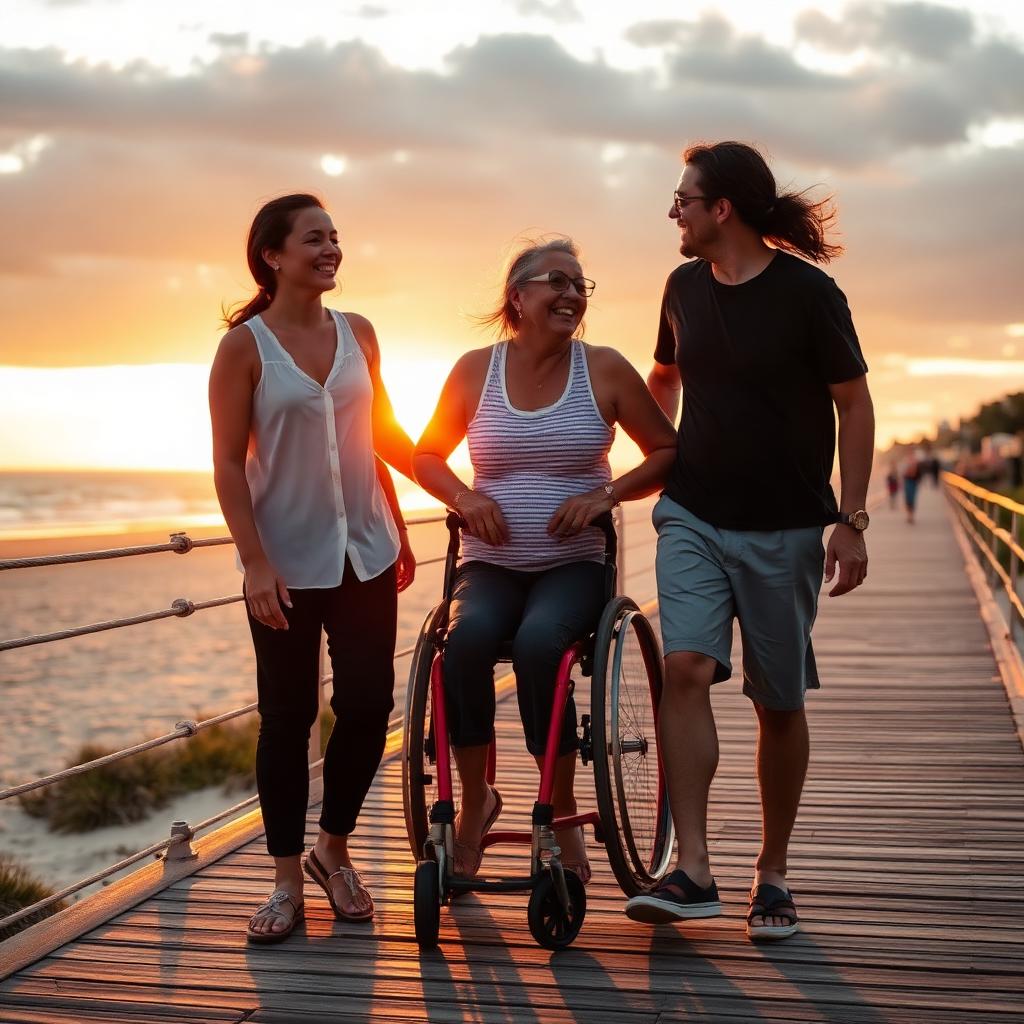 Friends walking on a coastal boardwalk at sunset