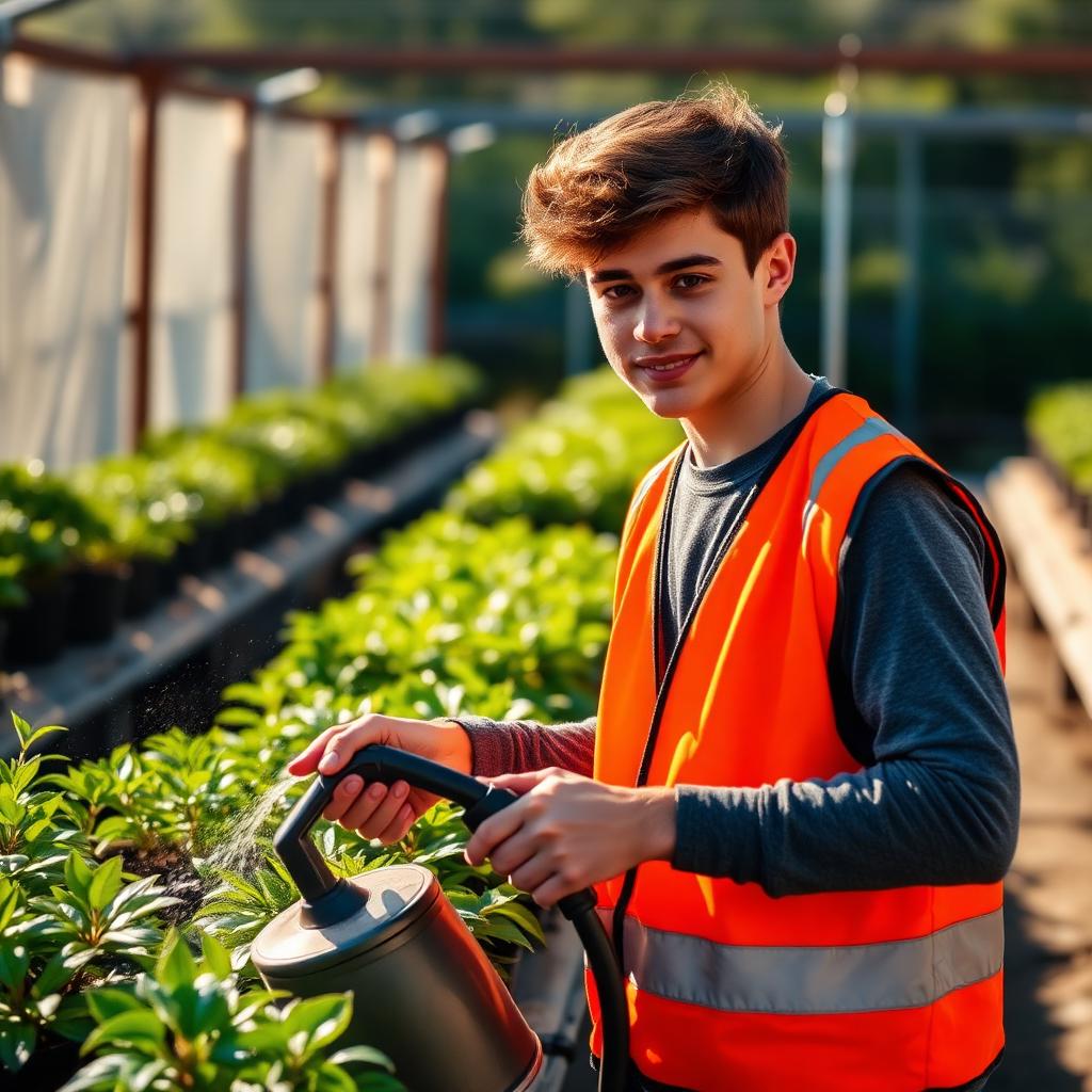 Participant tending plants at a partner nursery